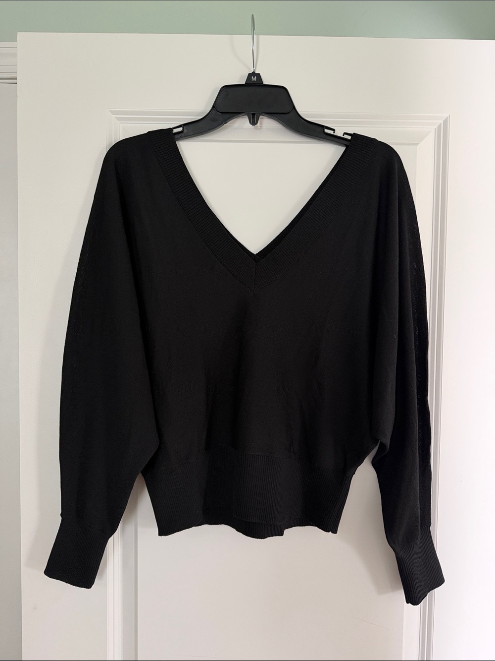 Black V-Neck Batwing Sweater- off the shoulder